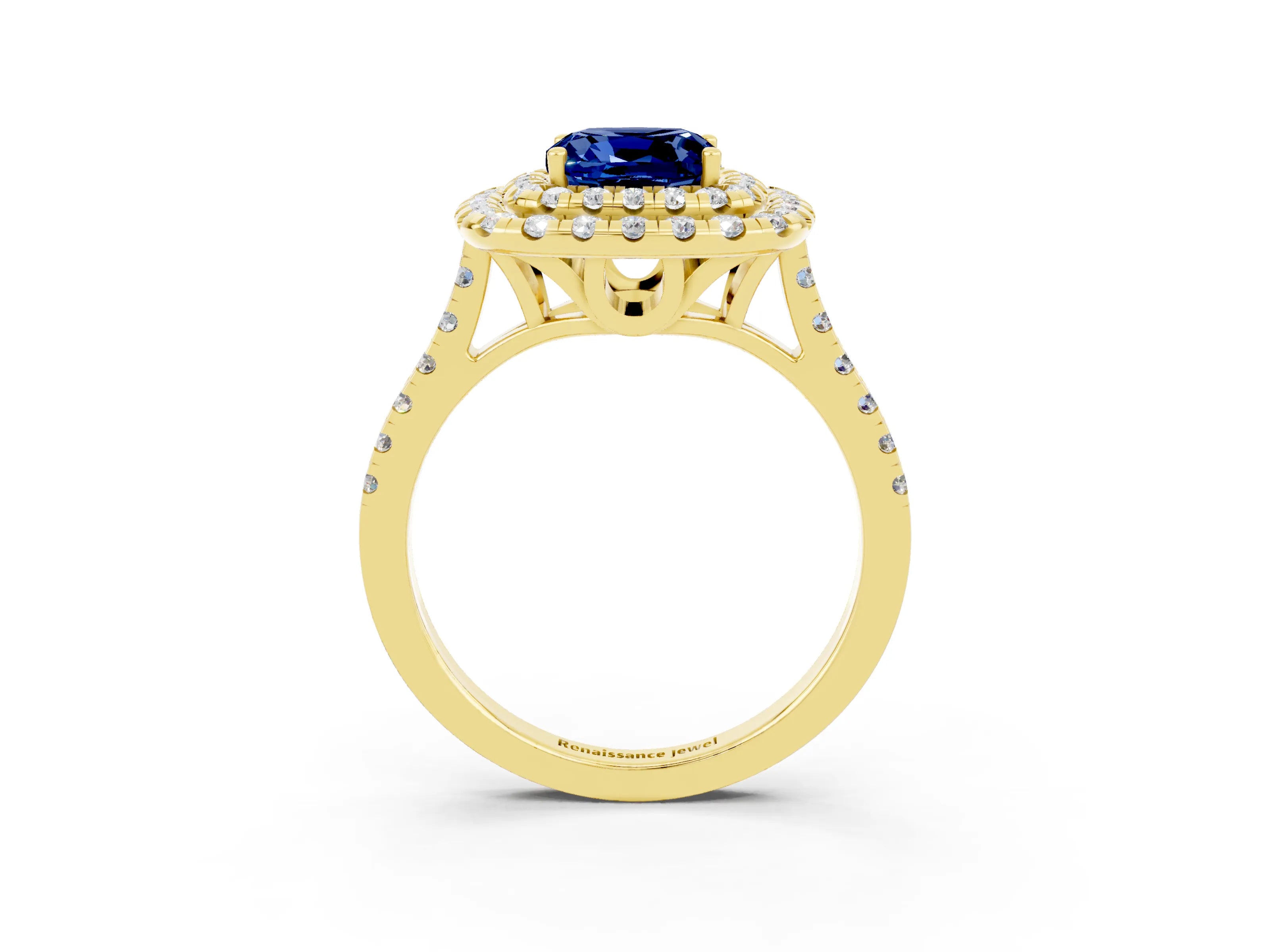 Yellow gold Double Halo Cushion Cut Blue Sapphire Pavé Band with Four-Prong Setting_3