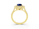 Yellow gold Double Halo Cushion Cut Blue Sapphire Pavé Band with Four-Prong Setting_3