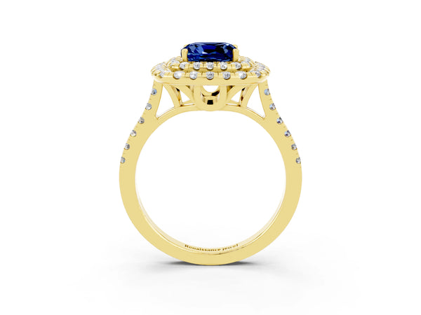 Yellow gold Double Halo Cushion Cut Blue Sapphire Pavé Band with Four-Prong Setting