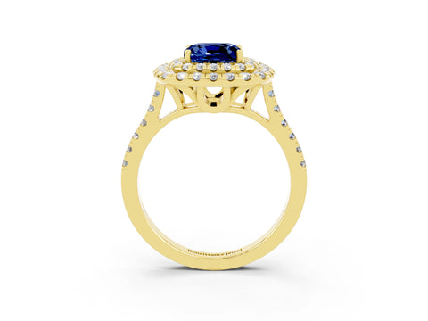 Yellow gold Double Halo Cushion Cut Blue Sapphire Pavé Band with Four-Prong Setting_3