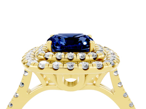 Yellow gold Double Halo Cushion Cut Blue Sapphire Pavé Band with Four-Prong Setting_4
