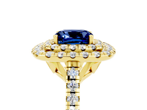 Yellow gold Double Halo Cushion Cut Blue Sapphire Pavé Band with Four-Prong Setting_5
