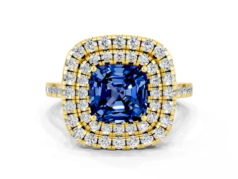 Yellow gold Double Halo Cushion Cut Blue Sapphire Pavé Band with Four-Prong Setting