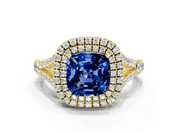 Yellow gold Double Halo Cushion Cut Blue Sapphire Pavé Split Shank Ring with Prong Setting