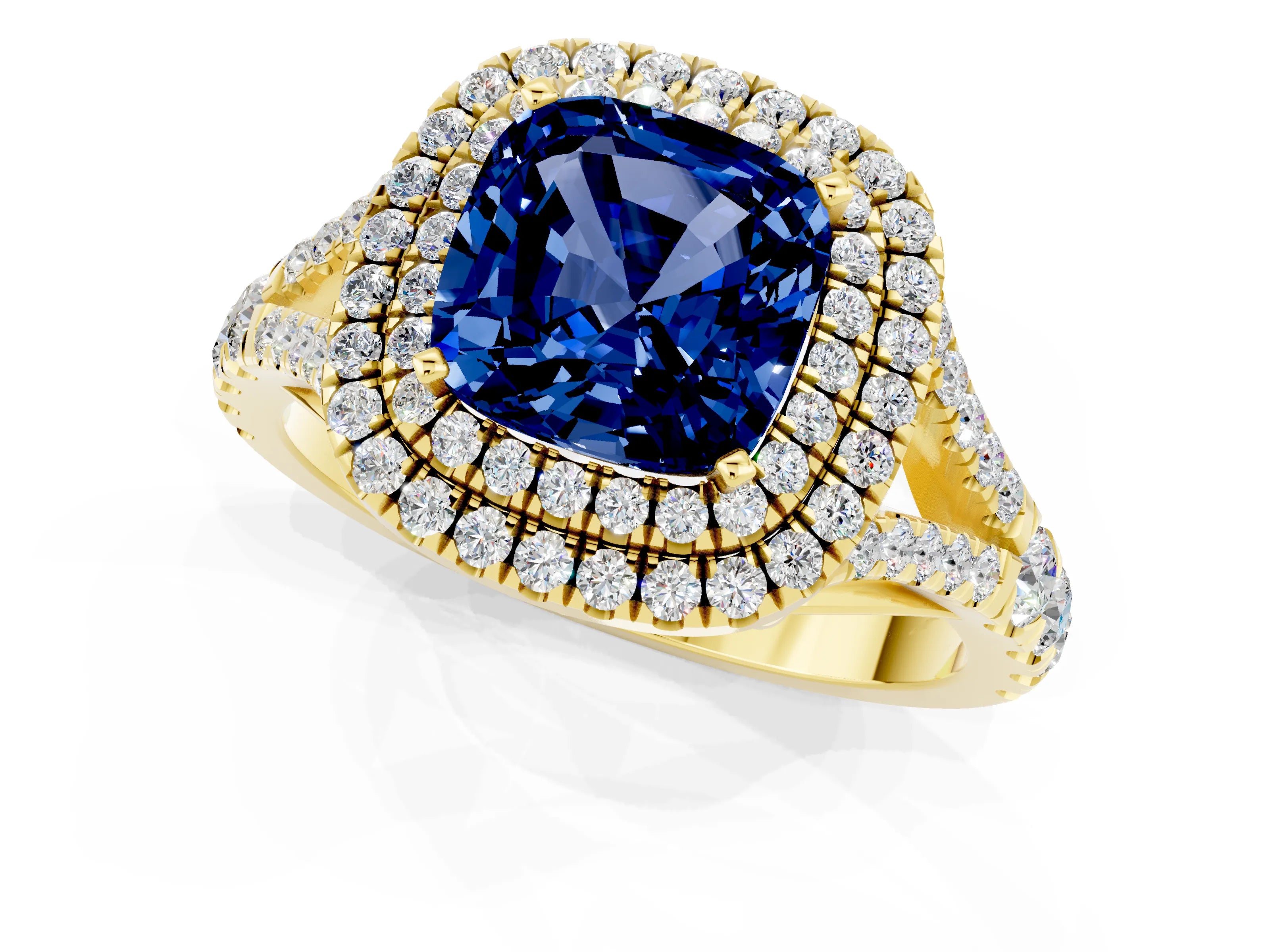 Yellow gold Double Halo Cushion Cut Blue Sapphire Pavé Split Shank Ring with Prong Setting_1