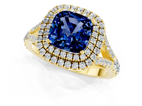 Yellow gold Double Halo Cushion Cut Blue Sapphire Pavé Split Shank Ring with Prong Setting_1