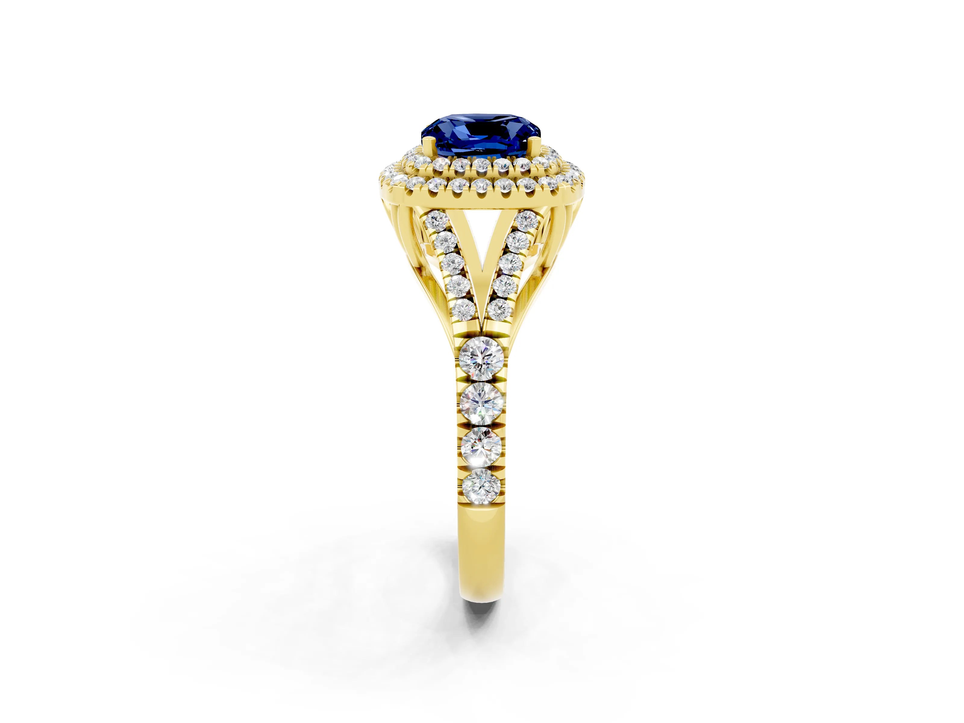 Yellow gold Double Halo Cushion Cut Blue Sapphire Pavé Split Shank Ring with Prong Setting_2