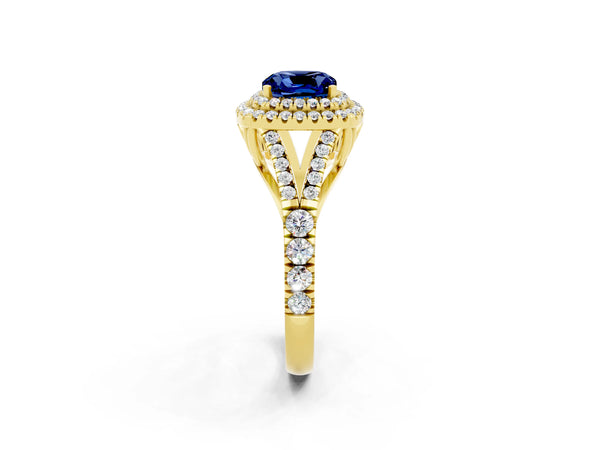 Yellow gold Double Halo Cushion Cut Blue Sapphire Pavé Split Shank Ring with Prong Setting