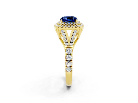 Yellow gold Double Halo Cushion Cut Blue Sapphire Pavé Split Shank Ring with Prong Setting_2