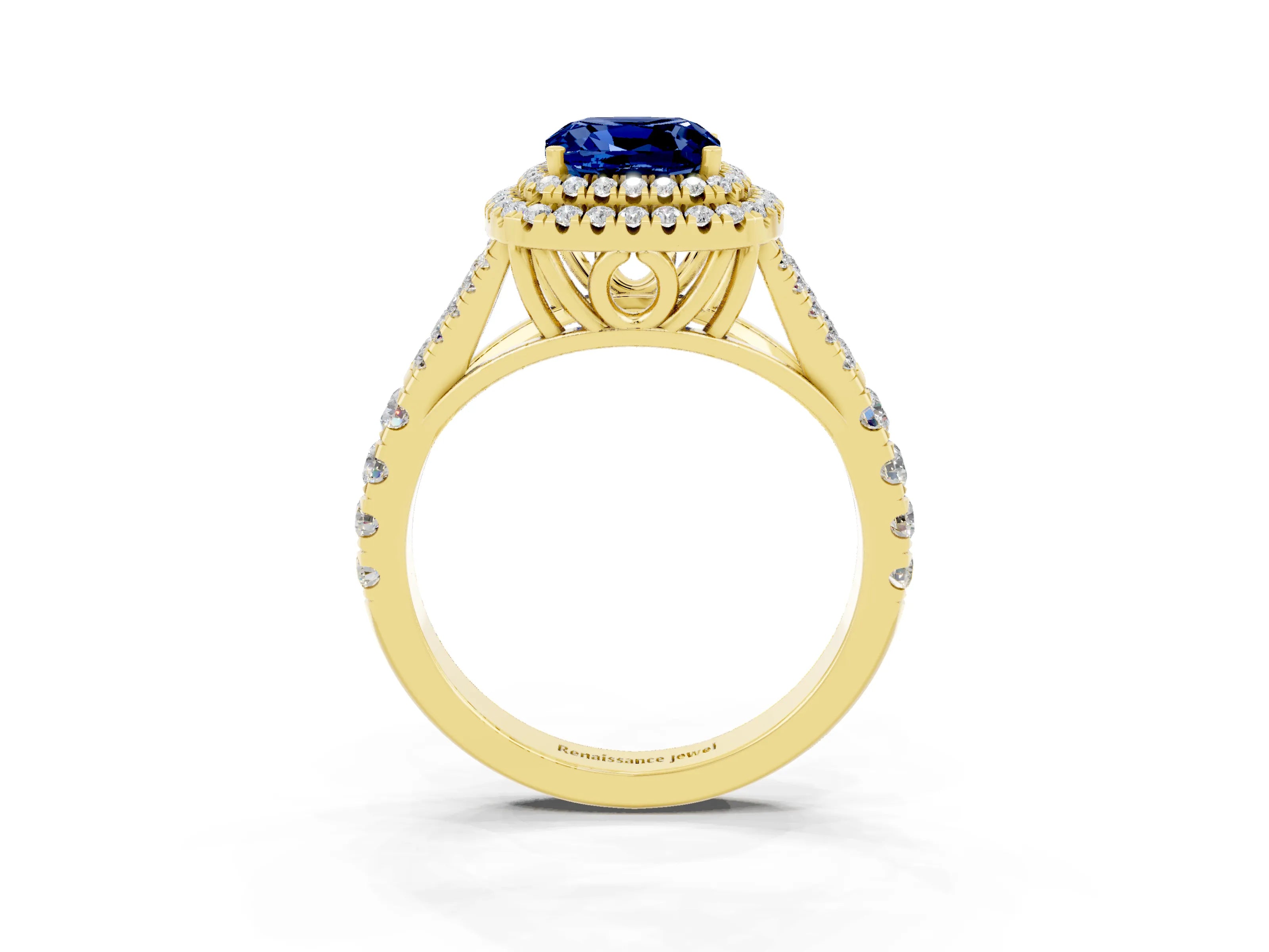 Yellow gold Double Halo Cushion Cut Blue Sapphire Pavé Split Shank Ring with Prong Setting_3