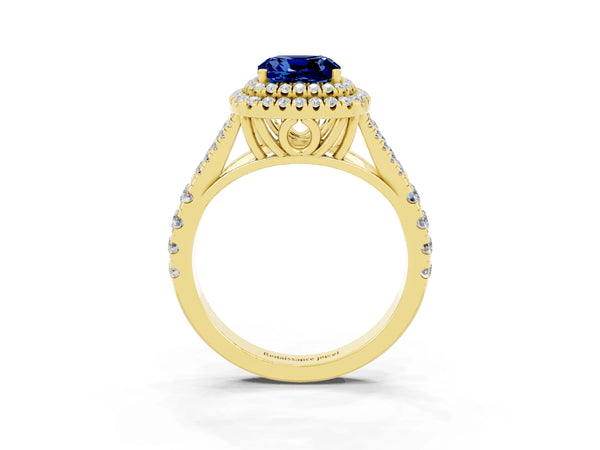 Yellow gold Double Halo Cushion Cut Blue Sapphire Pavé Split Shank Ring with Prong Setting
