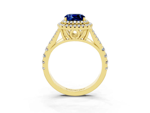 Yellow gold Double Halo Cushion Cut Blue Sapphire Pavé Split Shank Ring with Prong Setting_3