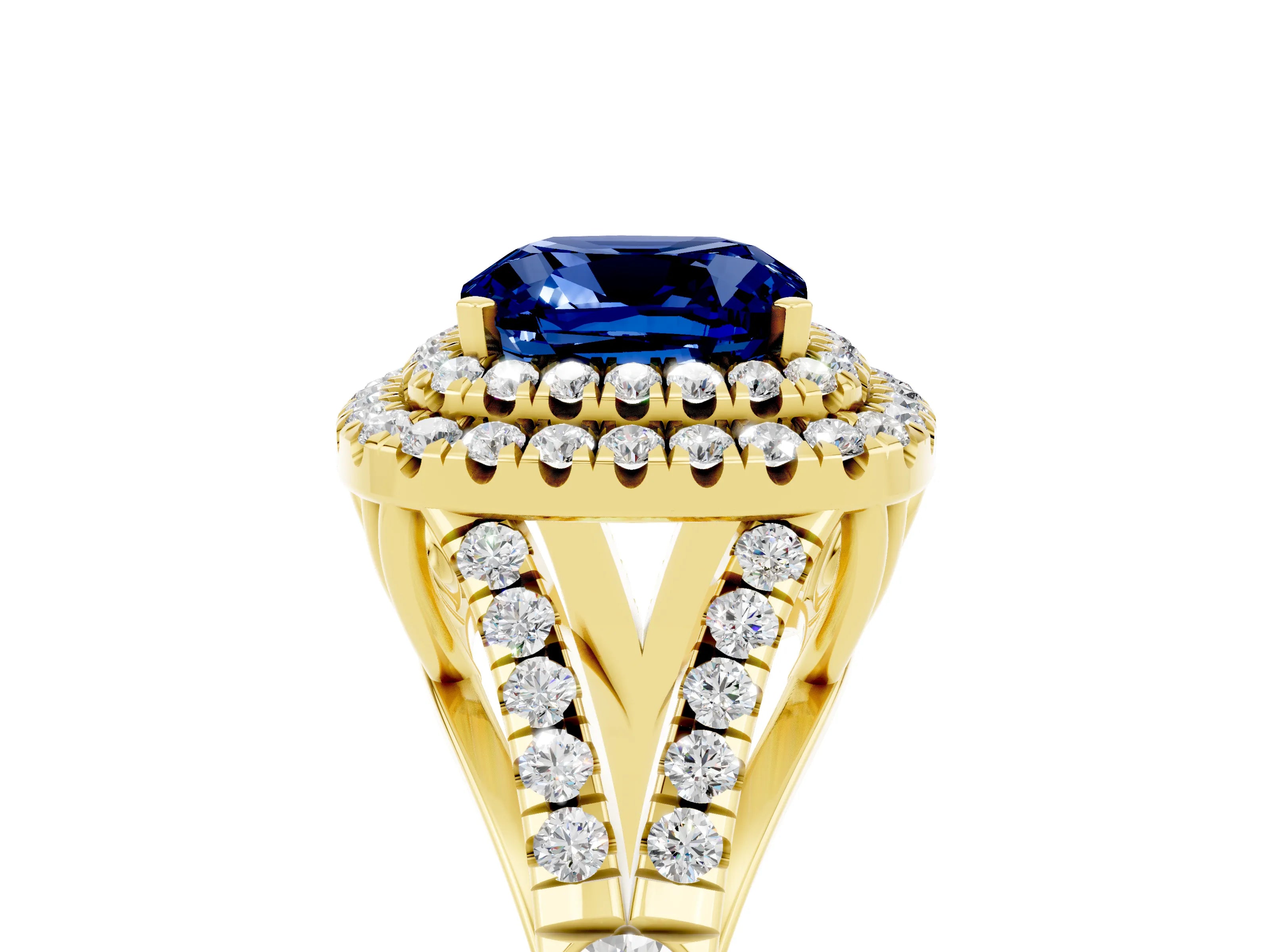 Yellow gold Double Halo Cushion Cut Blue Sapphire Pavé Split Shank Ring with Prong Setting_5