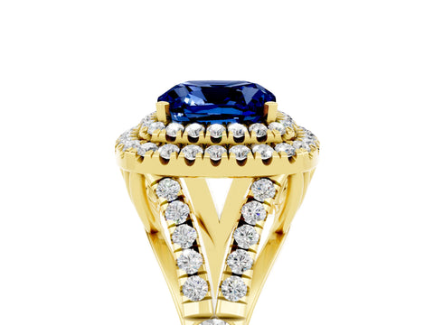 Yellow gold Double Halo Cushion Cut Blue Sapphire Pavé Split Shank Ring with Prong Setting_5