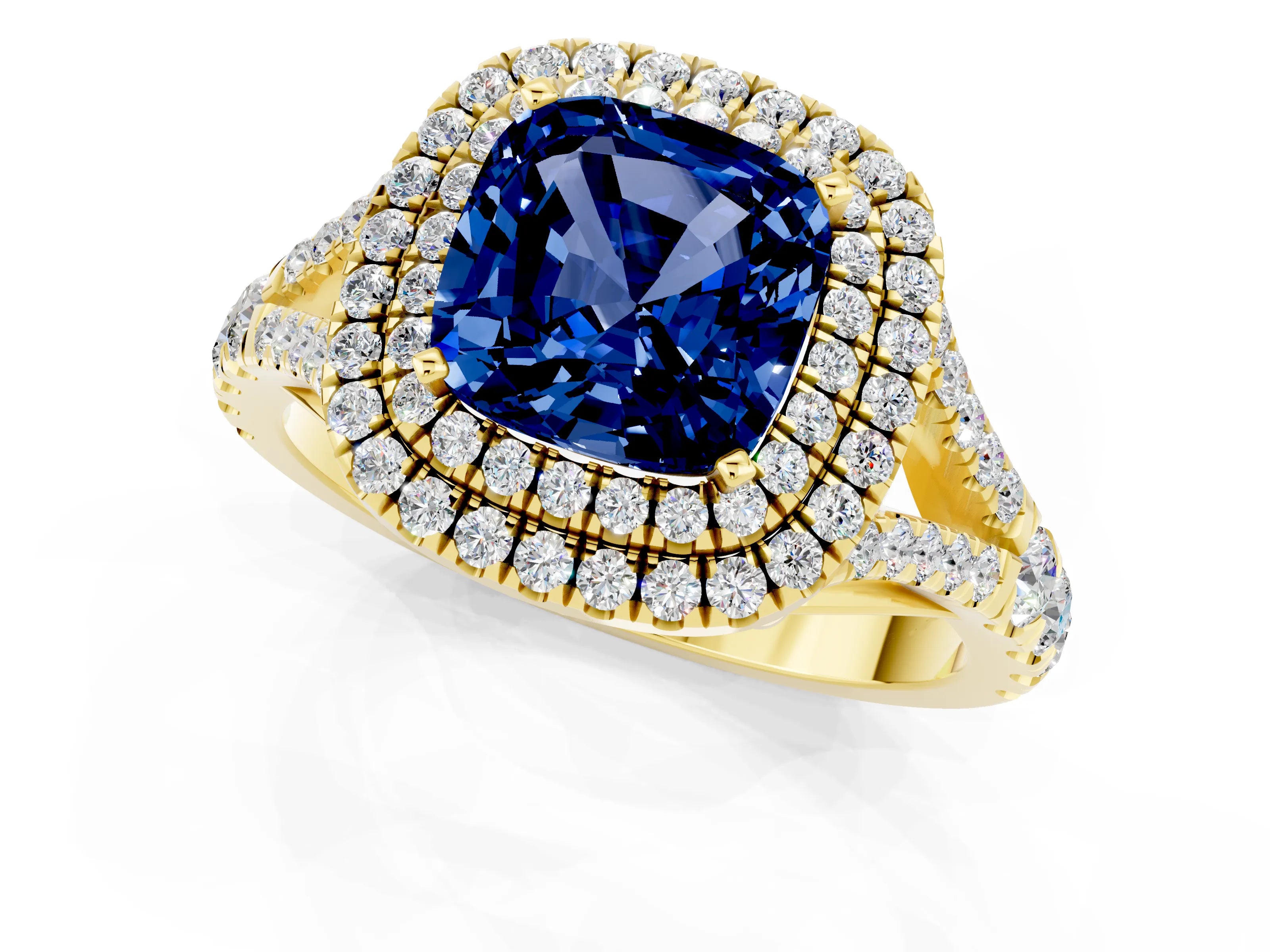 Yellow gold Double Halo Cushion Cut Blue Sapphire Split Shank Engagement Ring with Four-Prong Setting_1