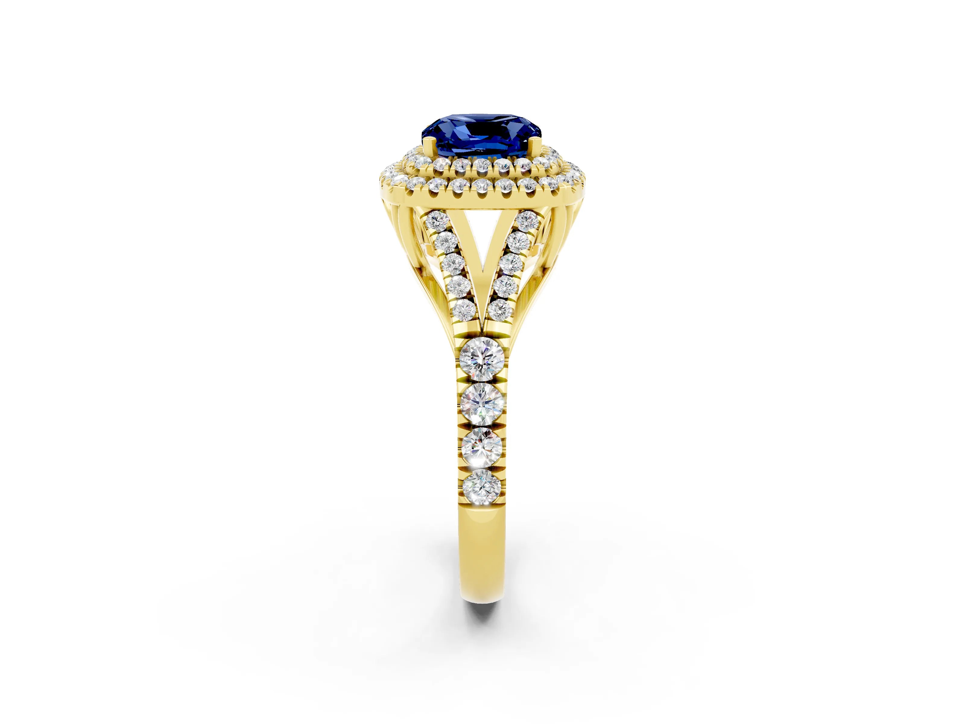 Yellow gold Double Halo Cushion Cut Blue Sapphire Split Shank Engagement Ring with Four-Prong Setting_2