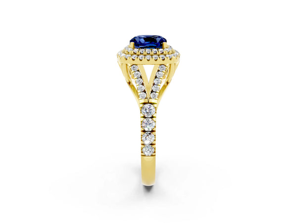 Yellow gold Double Halo Cushion Cut Blue Sapphire Split Shank Engagement Ring with Four-Prong Setting