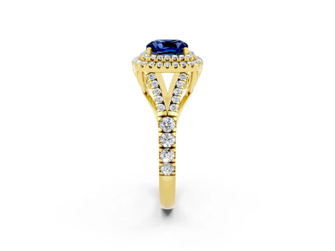 Yellow gold Double Halo Cushion Cut Blue Sapphire Split Shank Engagement Ring with Four-Prong Setting_2