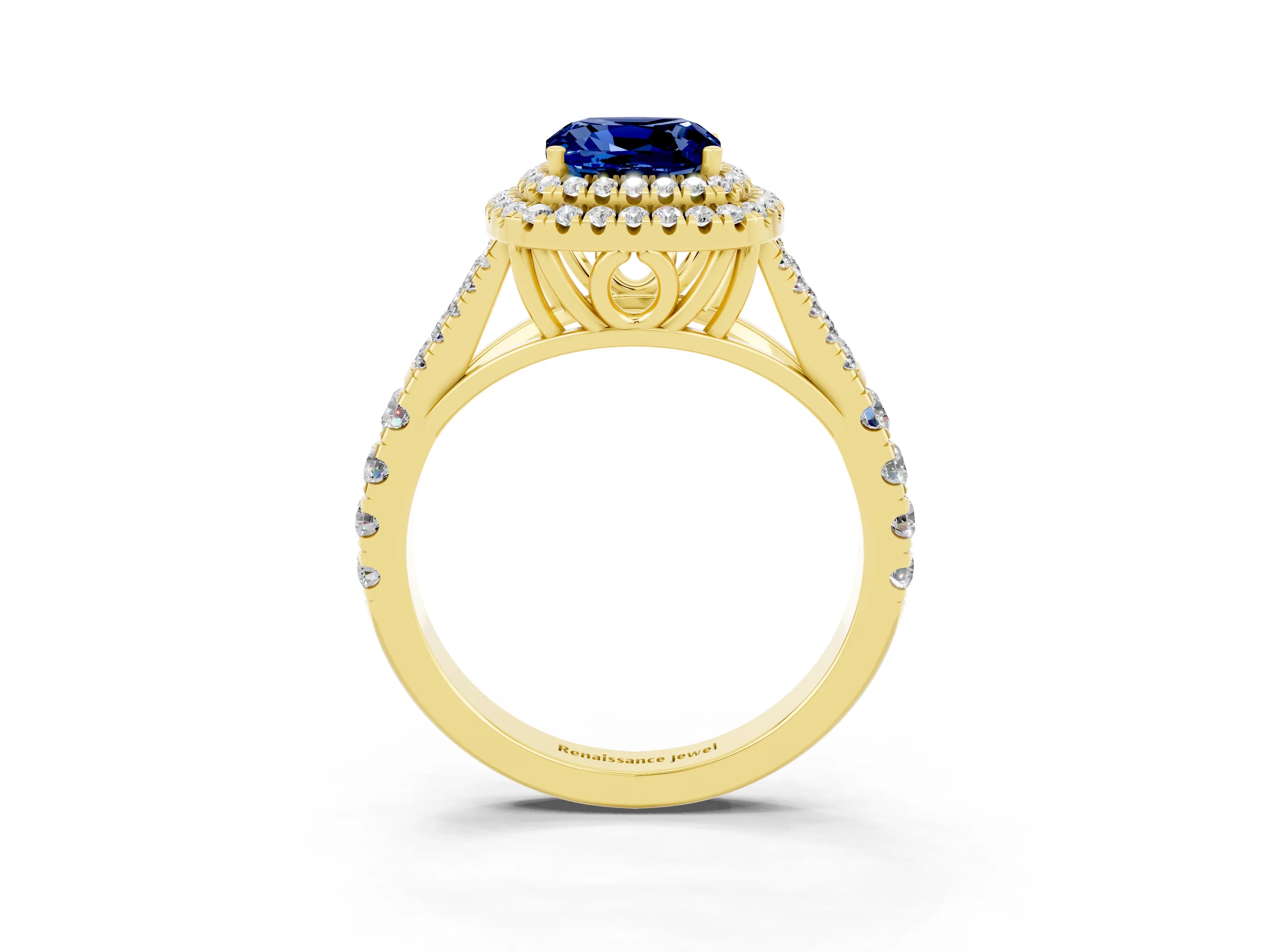 Yellow gold Double Halo Cushion Cut Blue Sapphire Split Shank Engagement Ring with Four-Prong Setting_3