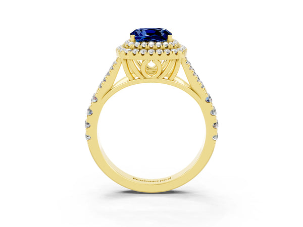 Yellow gold Double Halo Cushion Cut Blue Sapphire Split Shank Engagement Ring with Four-Prong Setting