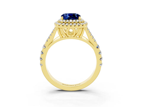 Yellow gold Double Halo Cushion Cut Blue Sapphire Split Shank Engagement Ring with Four-Prong Setting_3