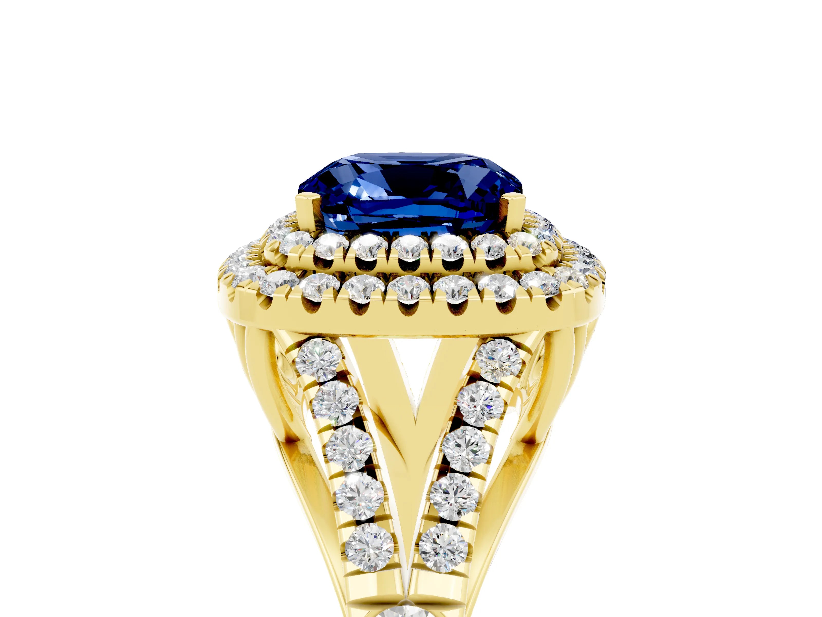 Yellow gold Double Halo Cushion Cut Blue Sapphire Split Shank Engagement Ring with Four-Prong Setting_5