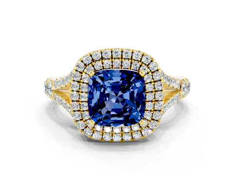 Yellow gold Double Halo Cushion Cut Blue Sapphire Split Shank Engagement Ring with Four-Prong Setting
