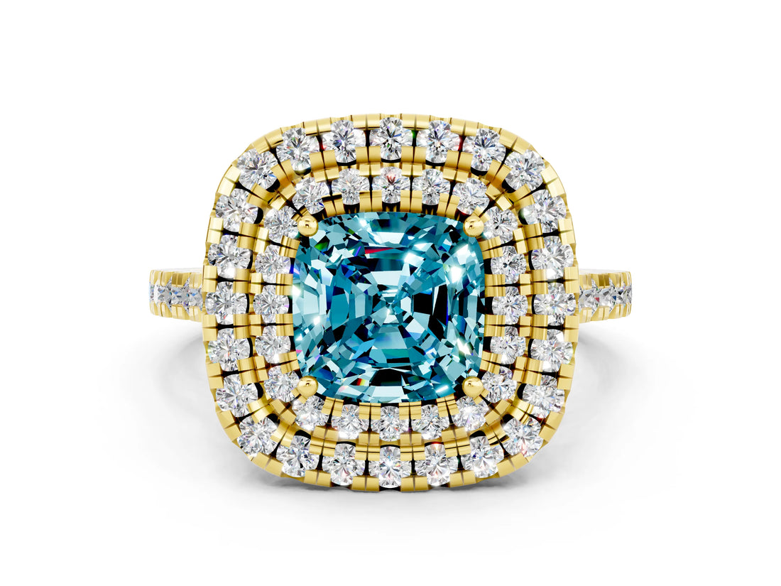 Yellow gold Double Halo Cushion Cut Blue Topaz Pavé Band with Four-Prong Setting