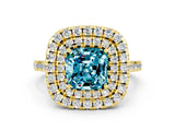 Yellow gold Double Halo Cushion Cut Blue Topaz Pavé Band with Four-Prong Setting