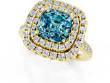 Yellow gold Double Halo Cushion Cut Blue Topaz Pavé Band with Four-Prong Setting_1
