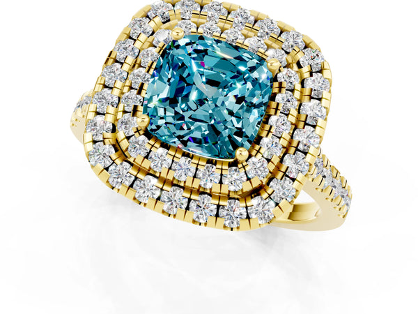 Yellow gold Double Halo Cushion Cut Blue Topaz Pavé Band with Four-Prong Setting