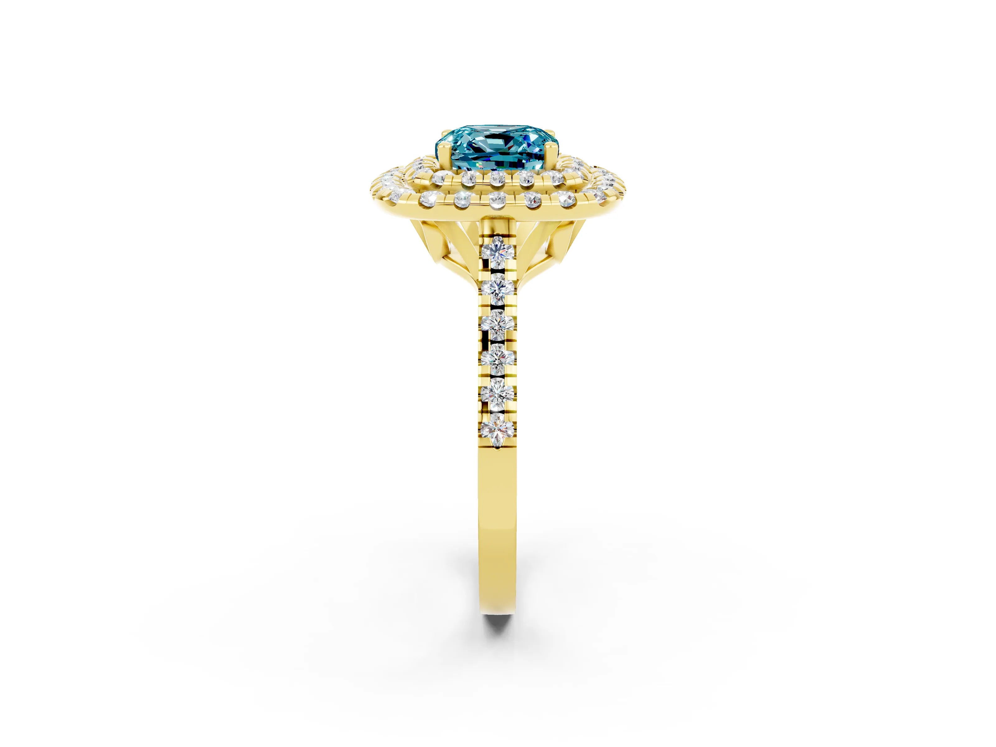 Yellow gold Double Halo Cushion Cut Blue Topaz Pavé Band with Four-Prong Setting_2