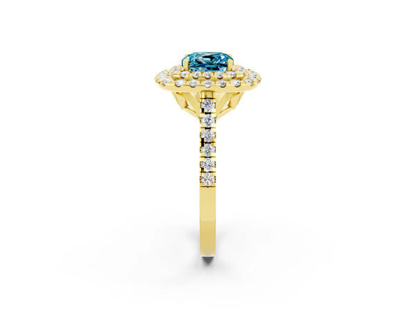 Yellow gold Double Halo Cushion Cut Blue Topaz Pavé Band with Four-Prong Setting