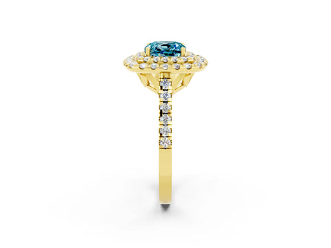 Yellow gold Double Halo Cushion Cut Blue Topaz Pavé Band with Four-Prong Setting_2