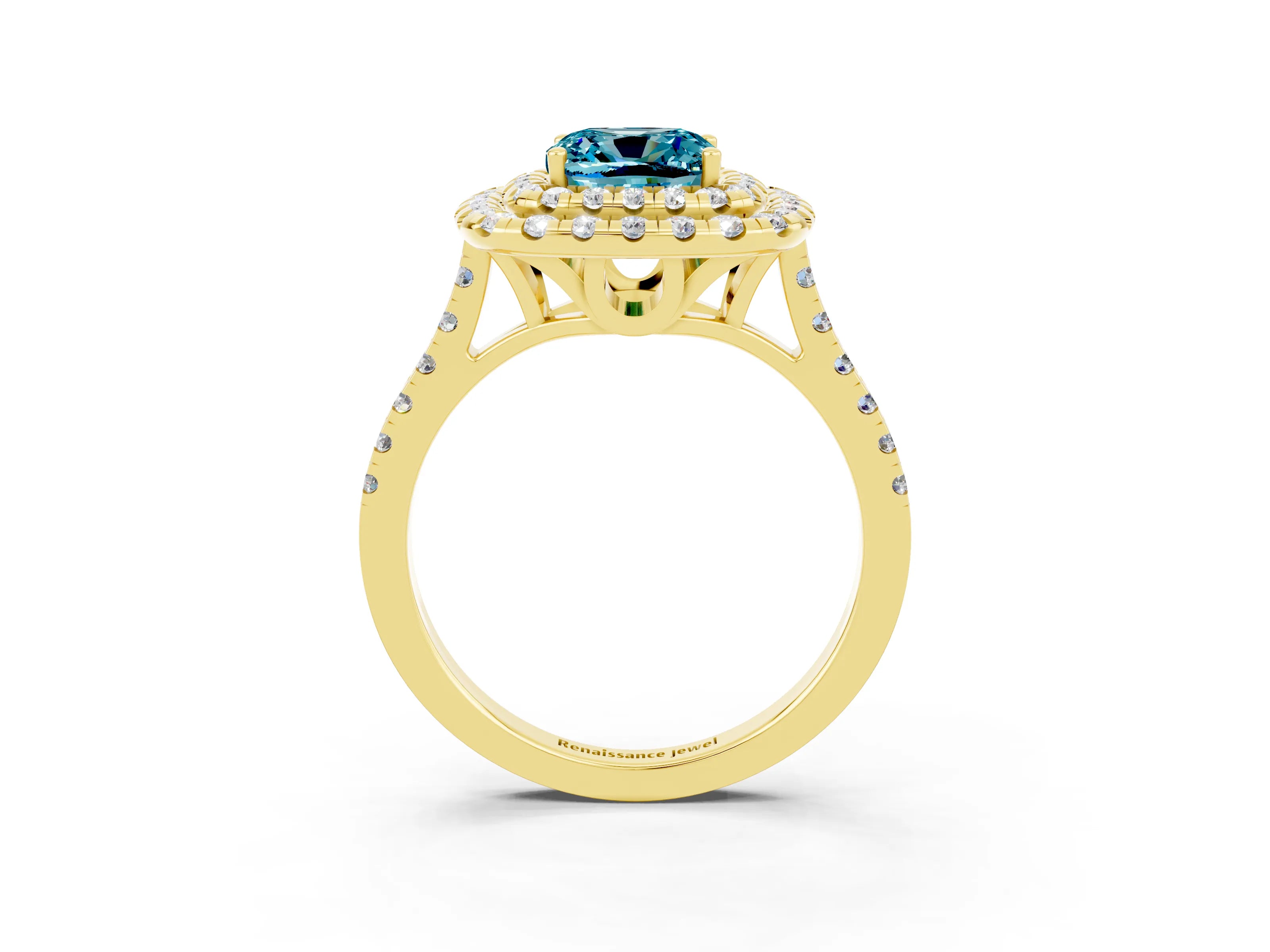Yellow gold Double Halo Cushion Cut Blue Topaz Pavé Band with Four-Prong Setting_3