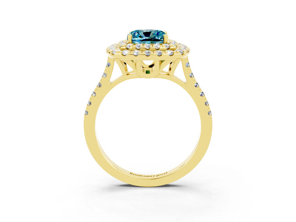Yellow gold Double Halo Cushion Cut Blue Topaz Pavé Band with Four-Prong Setting