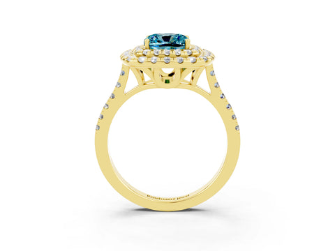 Yellow gold Double Halo Cushion Cut Blue Topaz Pavé Band with Four-Prong Setting_3