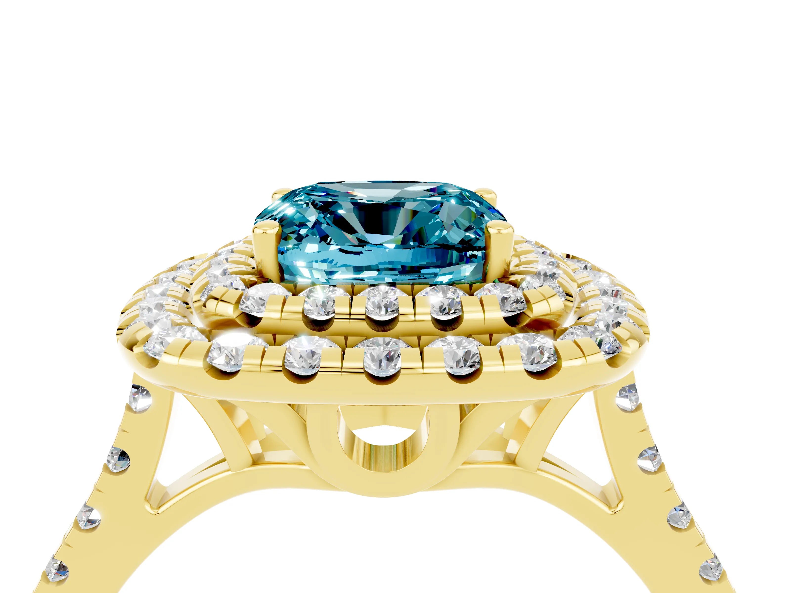 Yellow gold Double Halo Cushion Cut Blue Topaz Pavé Band with Four-Prong Setting_4