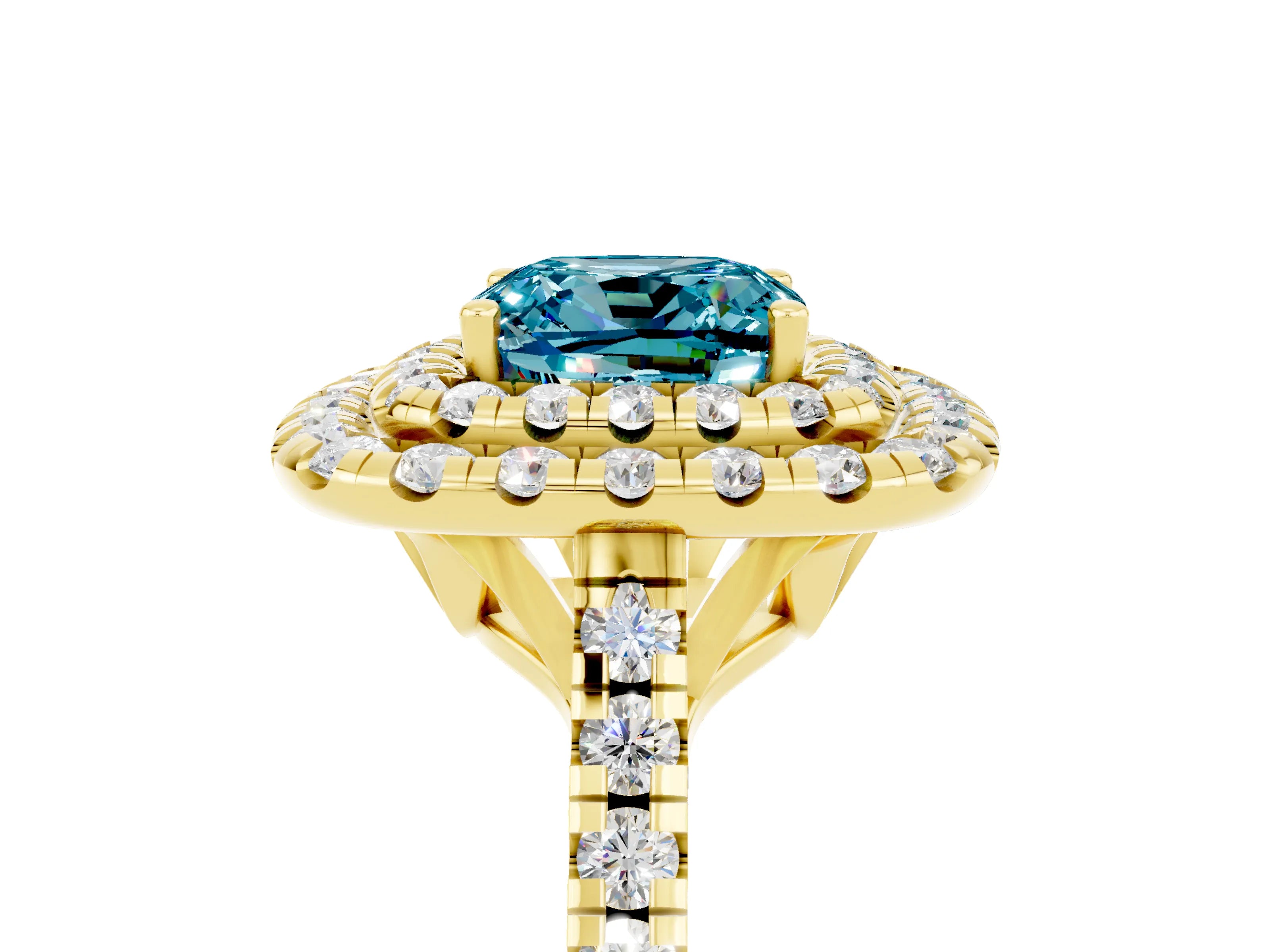 Yellow gold Double Halo Cushion Cut Blue Topaz Pavé Band with Four-Prong Setting_5