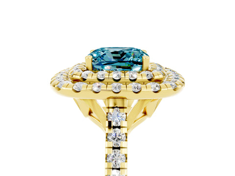 Yellow gold Double Halo Cushion Cut Blue Topaz Pavé Band with Four-Prong Setting_5