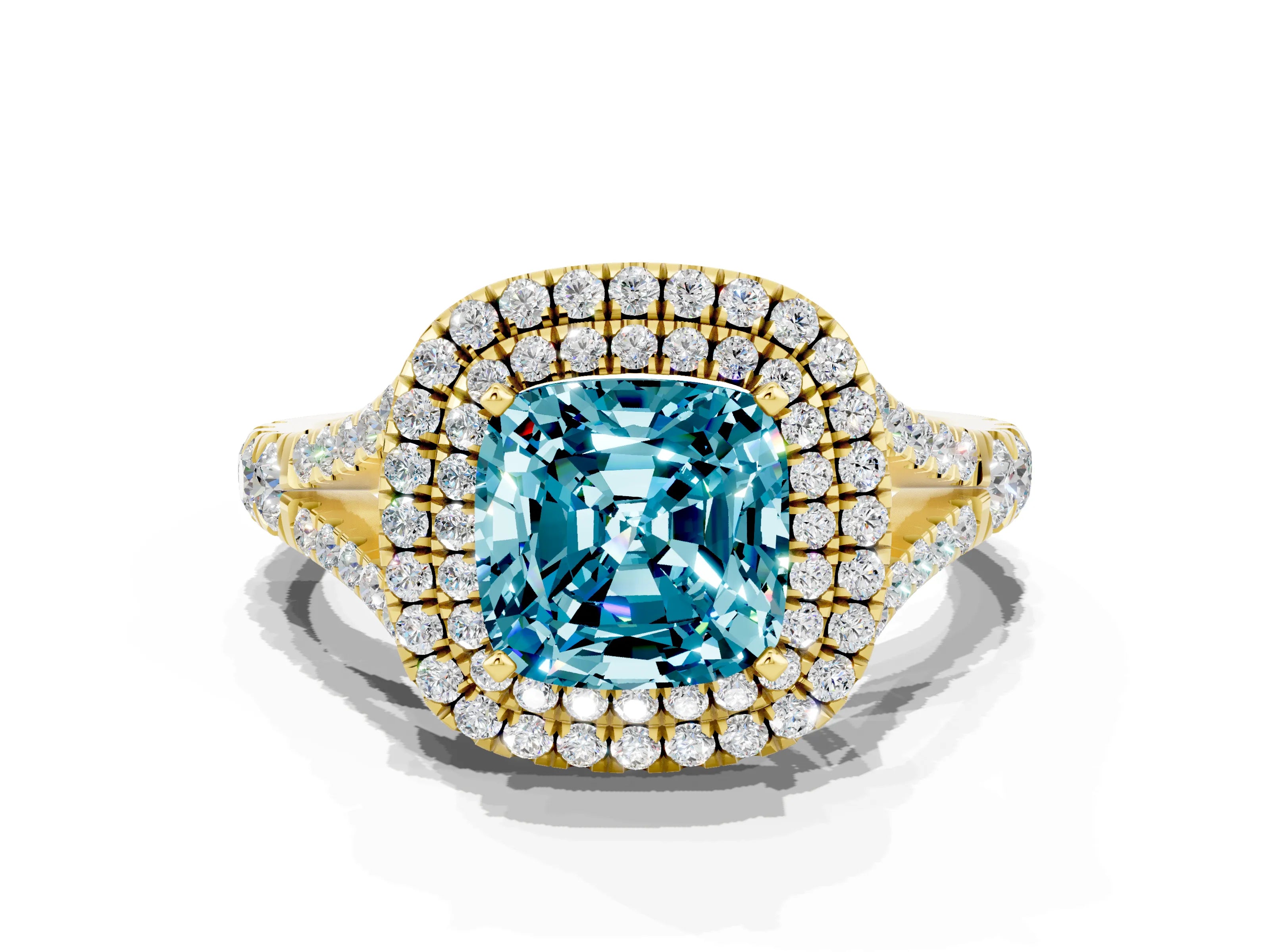 Yellow gold Double Halo Cushion Cut Blue Topaz Pavé Split Shank Ring with Prong Setting