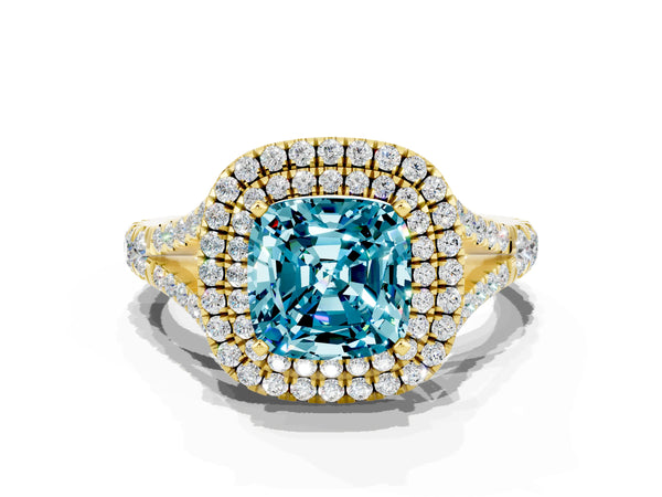 Yellow gold Double Halo Cushion Cut Blue Topaz Pavé Split Shank Ring with Prong Setting