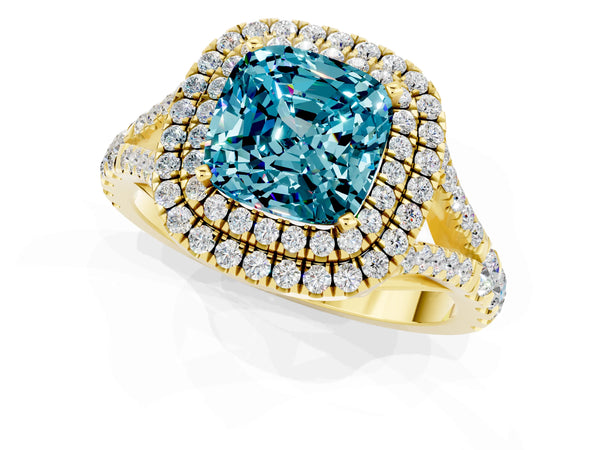 Yellow gold Double Halo Cushion Cut Blue Topaz Pavé Split Shank Ring with Prong Setting