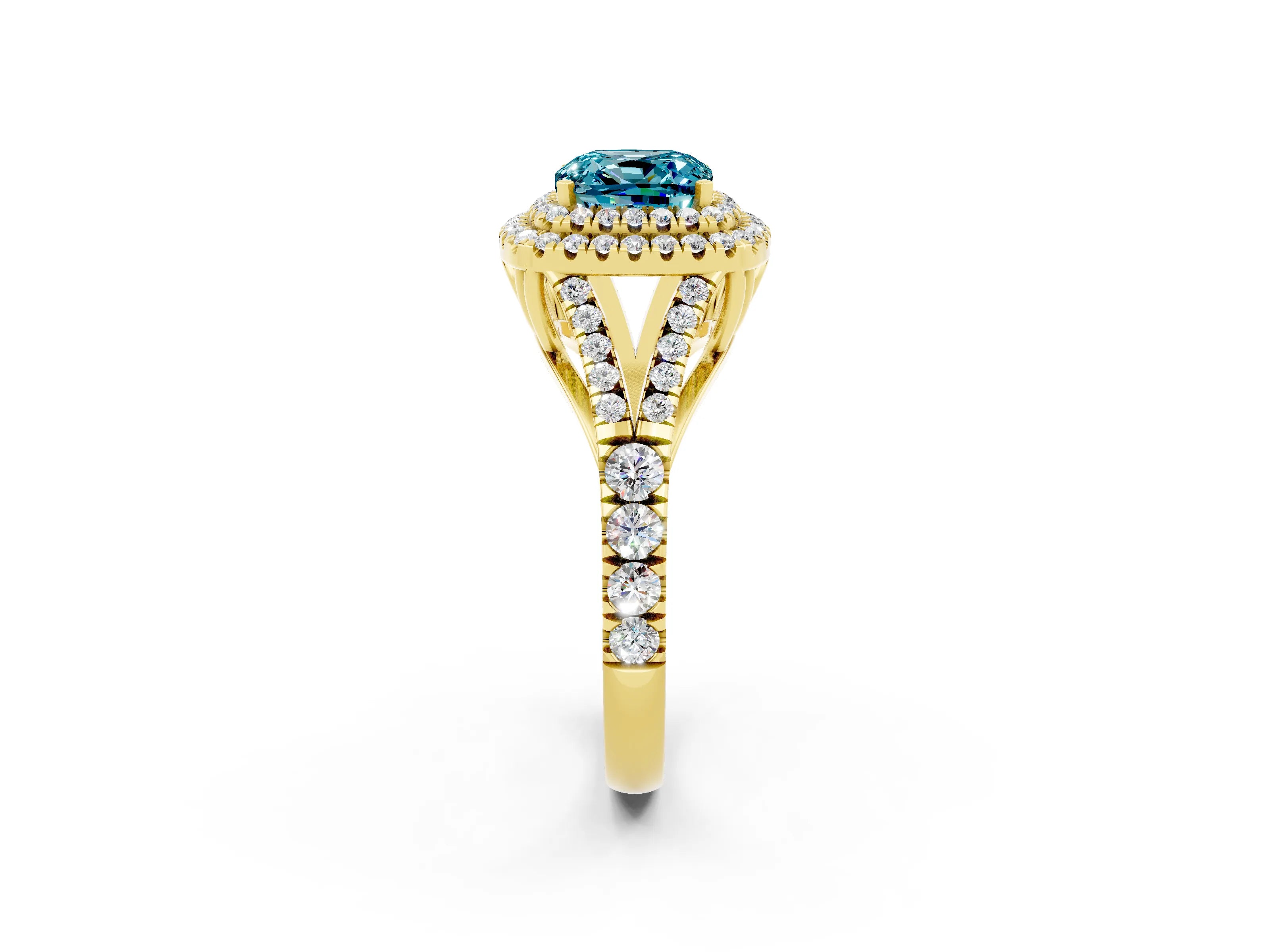 Yellow gold Double Halo Cushion Cut Blue Topaz Pavé Split Shank Ring with Prong Setting_2