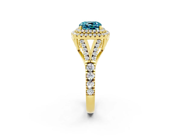 Yellow gold Double Halo Cushion Cut Blue Topaz Pavé Split Shank Ring with Prong Setting
