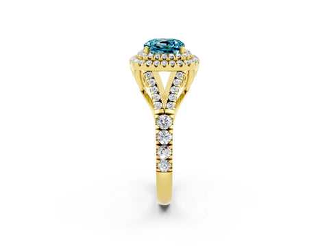 Yellow gold Double Halo Cushion Cut Blue Topaz Pavé Split Shank Ring with Prong Setting_2