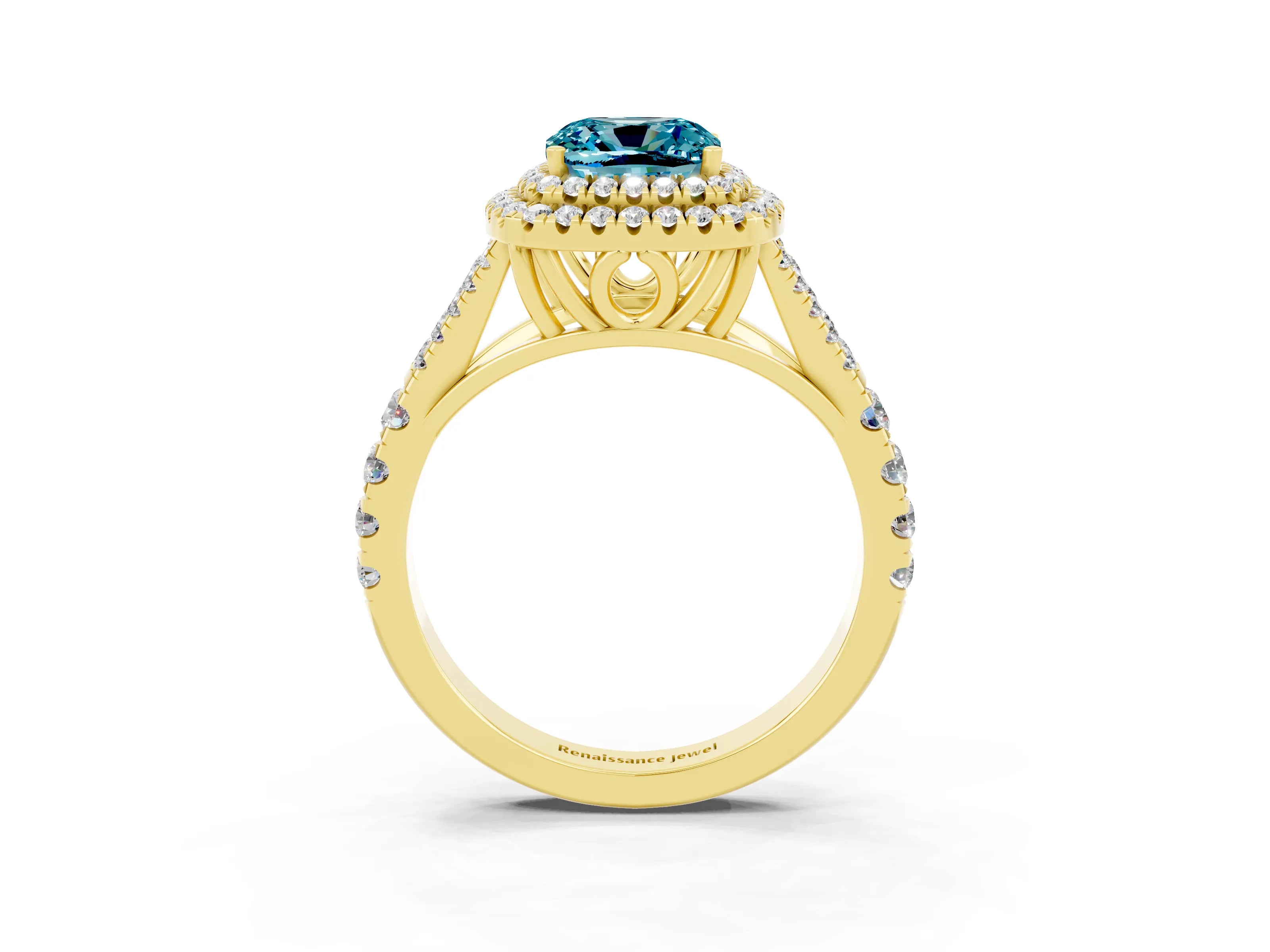 Yellow gold Double Halo Cushion Cut Blue Topaz Pavé Split Shank Ring with Prong Setting_3