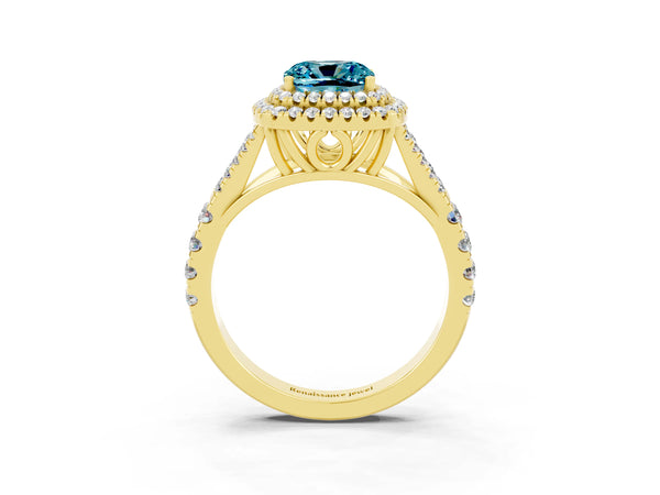 Yellow gold Double Halo Cushion Cut Blue Topaz Pavé Split Shank Ring with Prong Setting