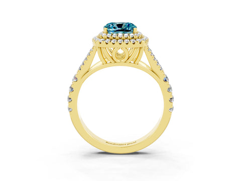 Yellow gold Double Halo Cushion Cut Blue Topaz Pavé Split Shank Ring with Prong Setting_3