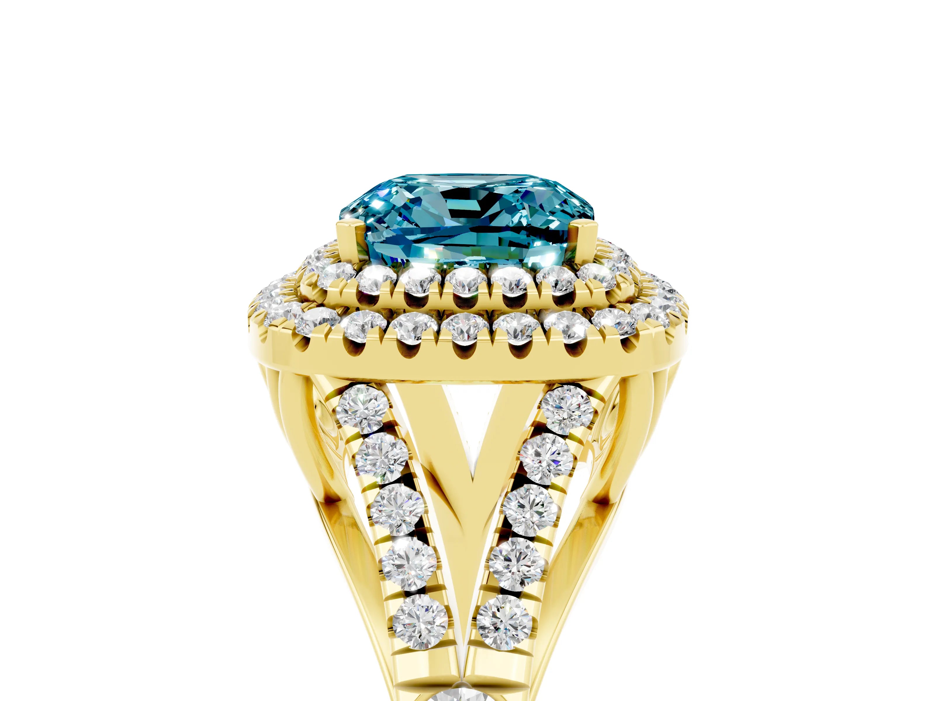 Yellow gold Double Halo Cushion Cut Blue Topaz Pavé Split Shank Ring with Prong Setting_5